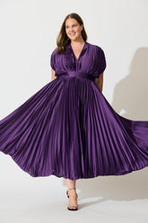 Purple Satin Pleated Midi Dress